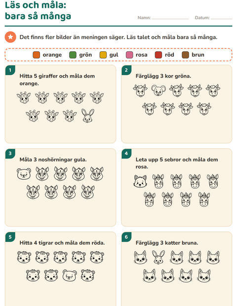 Förhandsvisning av Läs och måla-arbetsblad med Ansikten SV för Årskurs 1