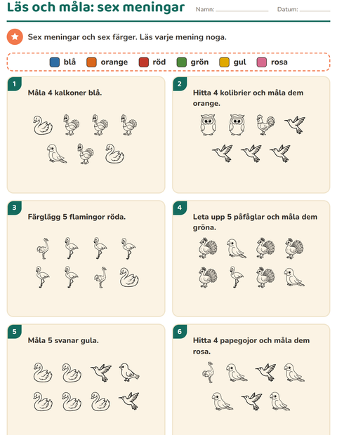 Förhandsvisning av Läs och måla-arbetsblad med Fåglar S&V 2 för Årskurs 1