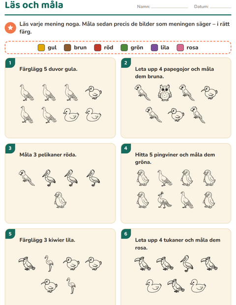 Förhandsvisning av Läs och måla-arbetsblad med Fåglar S&V för Årskurs 1