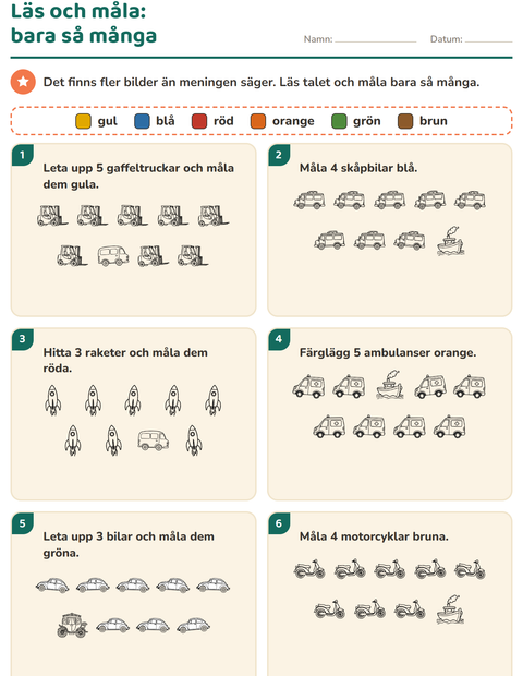 Förhandsvisning av Läs och måla-arbetsblad med Fordon SV 3 för Årskurs 1