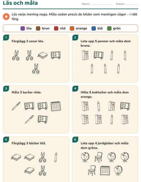 Förhandsvisning av Läs och måla-arbetsblad med Klassrum 2 (S/V) för Årskurs 1