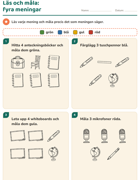 Förhandsvisning av Läs och måla-arbetsblad med Klassrum (S/V) för Årskurs 1