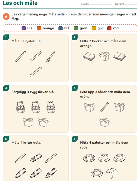Förhandsvisning av Läs och måla-arbetsblad med Utbildning SV för Årskurs 1