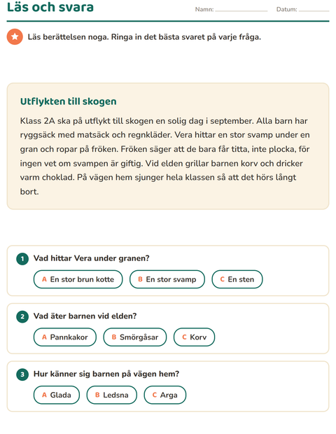 Förhandsvisning av Läsförståelse-arbetsblad för Årskurs 2