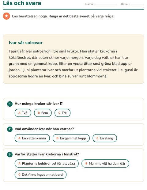 Förhandsvisning av Läsförståelse-arbetsblad för Årskurs 2