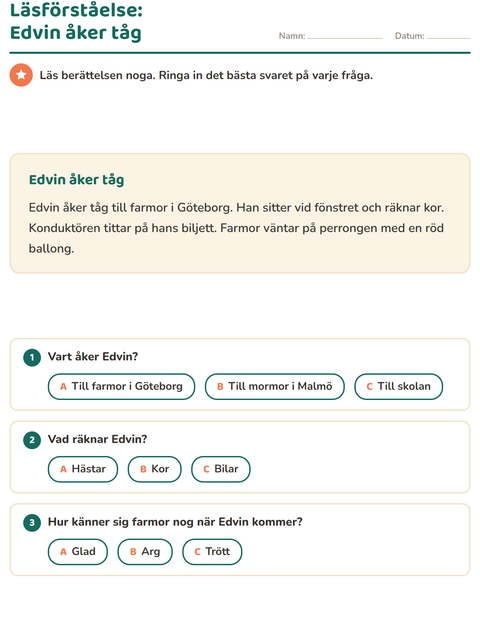 Förhandsvisning av Läsförståelse-arbetsblad för Årskurs 2