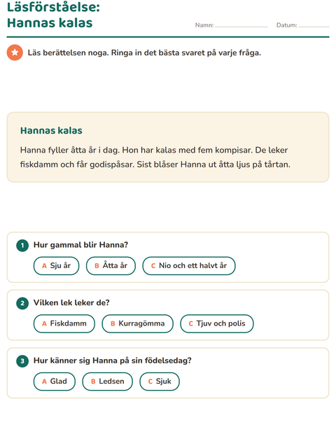 Förhandsvisning av Läsförståelse-arbetsblad för Årskurs 2