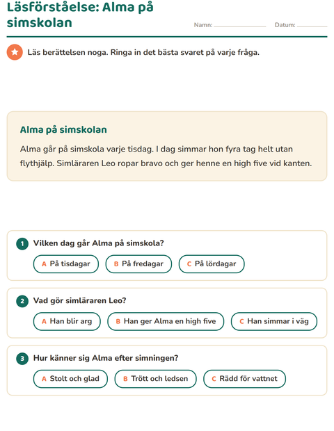 Läsförståelse: Alma på simskolan