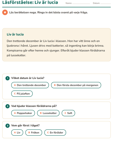 Förhandsvisning av Läsförståelse-arbetsblad för Årskurs 2