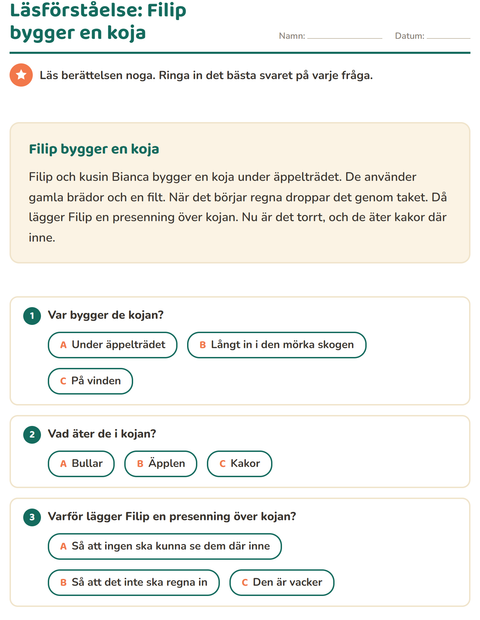 Förhandsvisning av Läsförståelse-arbetsblad för Årskurs 2