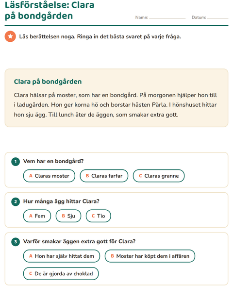 Förhandsvisning av Läsförståelse-arbetsblad för Årskurs 2