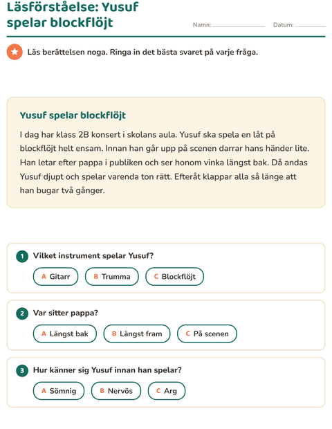 Förhandsvisning av Läsförståelse-arbetsblad för Årskurs 2