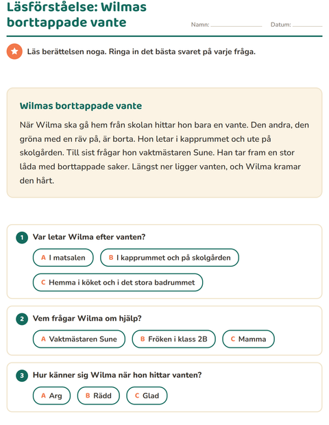 Förhandsvisning av Läsförståelse-arbetsblad för Årskurs 2