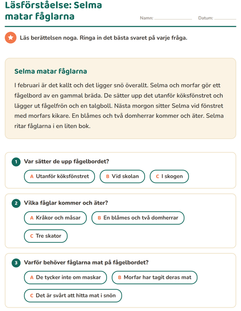 Förhandsvisning av Läsförståelse-arbetsblad för Årskurs 2