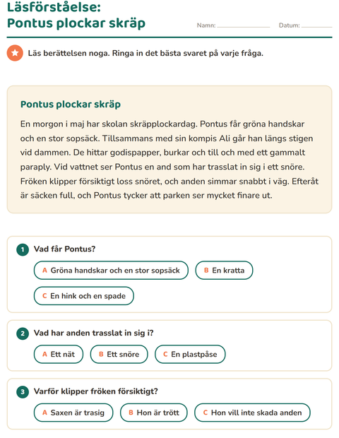 Förhandsvisning av Läsförståelse-arbetsblad för Årskurs 2