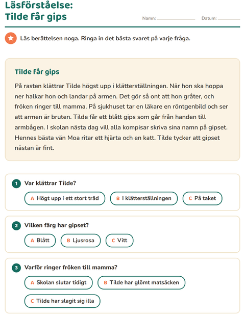 Förhandsvisning av Läsförståelse-arbetsblad för Årskurs 2