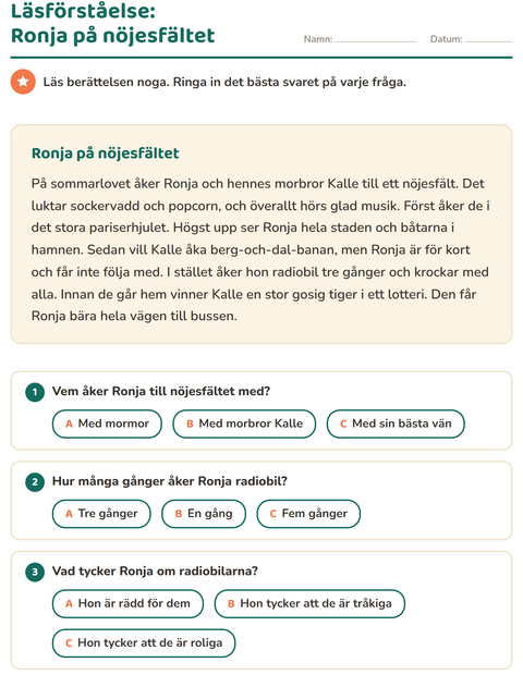 Förhandsvisning av Läsförståelse-arbetsblad för Årskurs 2