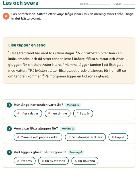 Förhandsvisning av Läsförståelse-arbetsblad för Årskurs 2