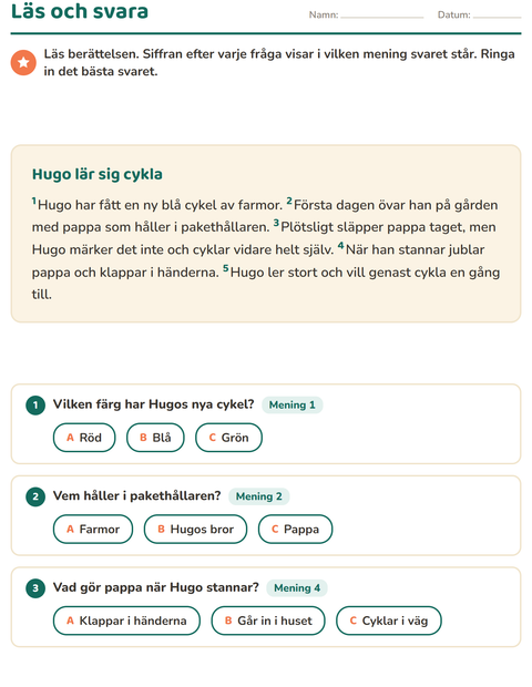 Förhandsvisning av Läsförståelse-arbetsblad för Årskurs 2