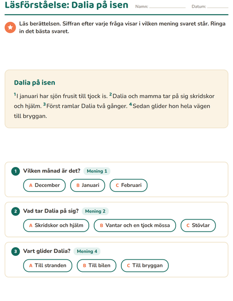 Förhandsvisning av Läsförståelse-arbetsblad för Årskurs 2