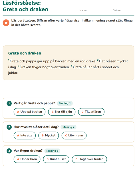 Förhandsvisning av Läsförståelse-arbetsblad för Årskurs 2
