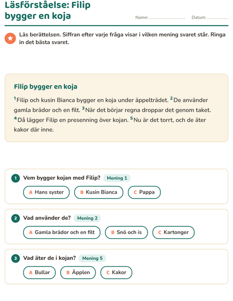 Förhandsvisning av Läsförståelse-arbetsblad för Årskurs 2