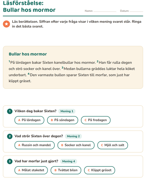 Förhandsvisning av Läsförståelse-arbetsblad för Årskurs 2