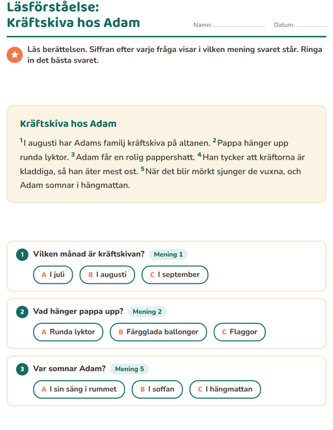 Förhandsvisning av Läsförståelse-arbetsblad för Årskurs 2