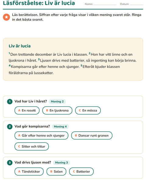 Förhandsvisning av Läsförståelse-arbetsblad för Årskurs 2