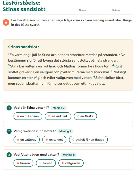Förhandsvisning av Läsförståelse-arbetsblad för Årskurs 2