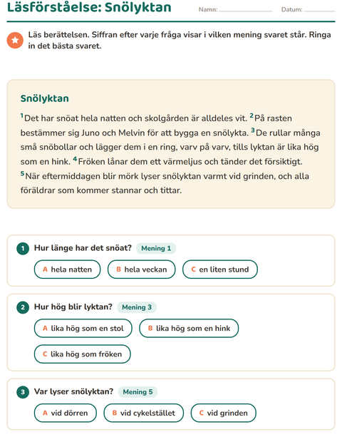 Förhandsvisning av Läsförståelse-arbetsblad för Årskurs 2