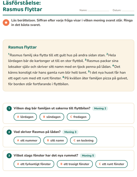 Förhandsvisning av Läsförståelse-arbetsblad för Årskurs 2