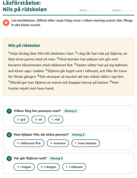 Förhandsvisning av Läsförståelse-arbetsblad för Årskurs 2