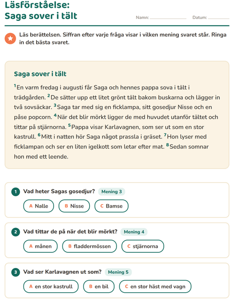 Förhandsvisning av Läsförståelse-arbetsblad för Årskurs 2