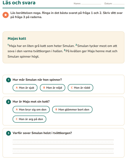 Förhandsvisning av Läsförståelse-arbetsblad för Årskurs 2