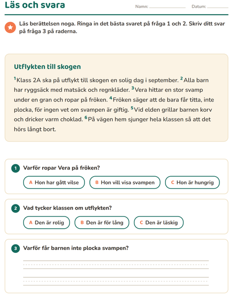 Förhandsvisning av Läsförståelse-arbetsblad för Årskurs 2