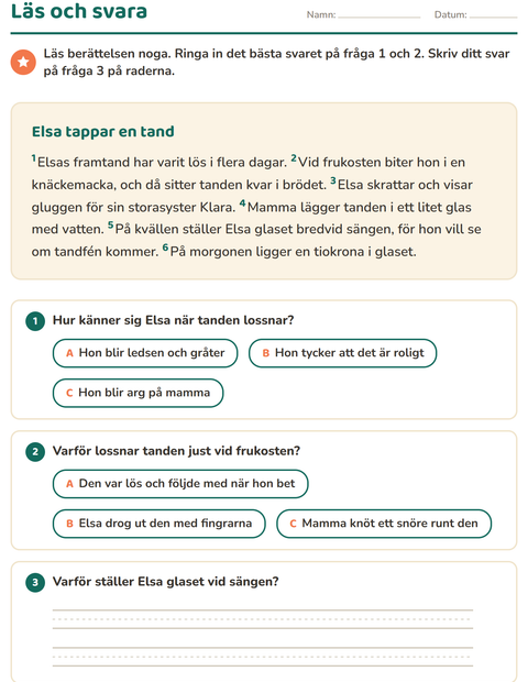 Förhandsvisning av Läsförståelse-arbetsblad för Årskurs 2