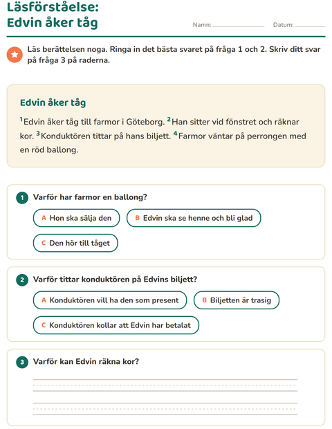 Förhandsvisning av Läsförståelse-arbetsblad för Årskurs 2