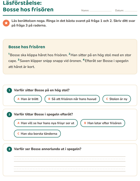 Förhandsvisning av Läsförståelse-arbetsblad för Årskurs 2