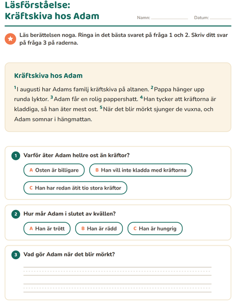 Förhandsvisning av Läsförståelse-arbetsblad för Årskurs 2