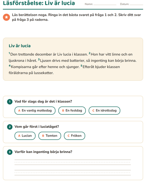 Förhandsvisning av Läsförståelse-arbetsblad för Årskurs 2