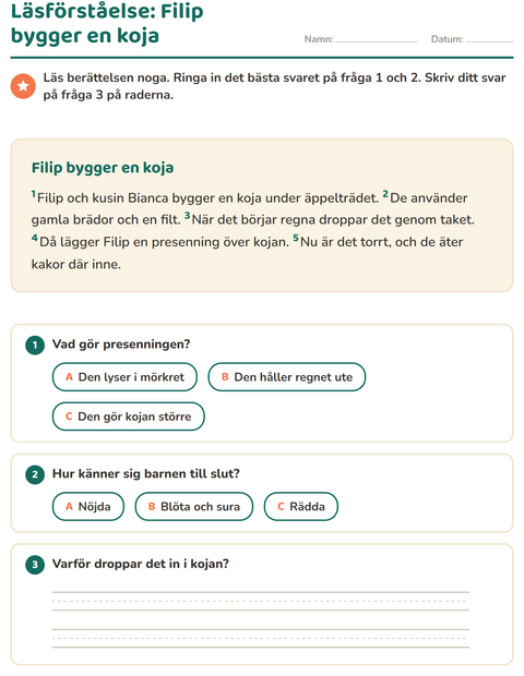 Förhandsvisning av Läsförståelse-arbetsblad för Årskurs 2