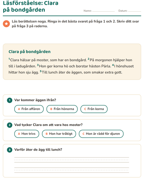 Förhandsvisning av Läsförståelse-arbetsblad för Årskurs 2
