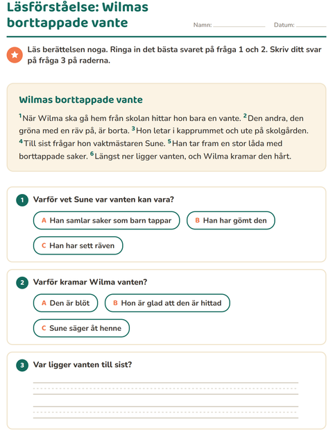 Förhandsvisning av Läsförståelse-arbetsblad för Årskurs 2