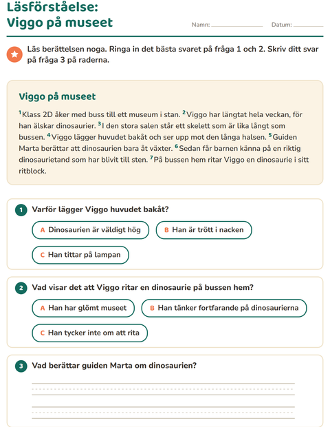 Förhandsvisning av Läsförståelse-arbetsblad för Årskurs 2
