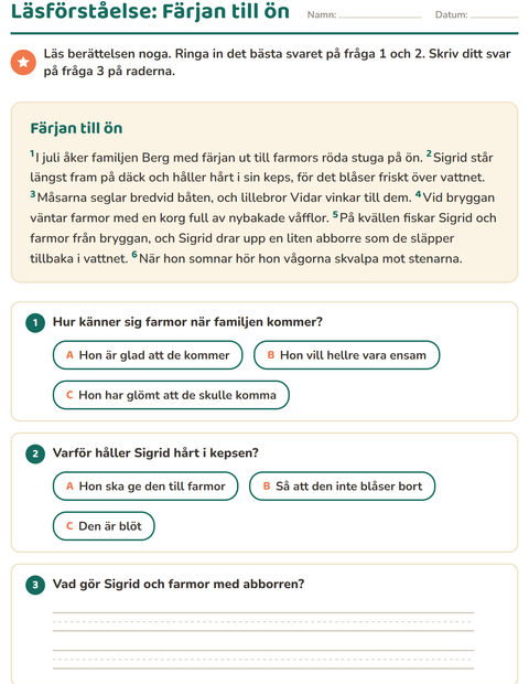 Förhandsvisning av Läsförståelse-arbetsblad för Årskurs 2