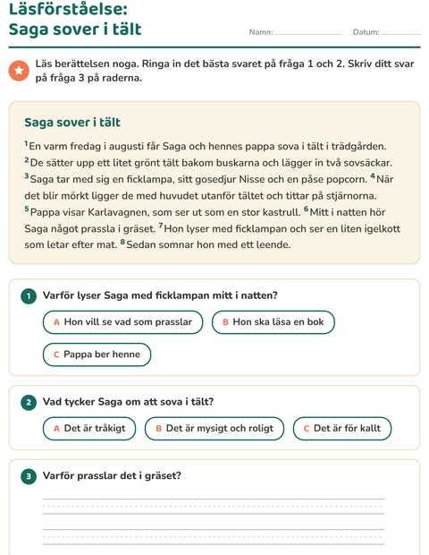 Förhandsvisning av Läsförståelse-arbetsblad för Årskurs 2