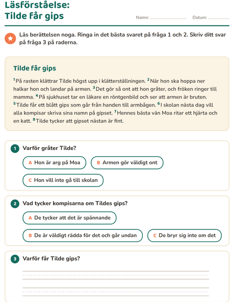 Förhandsvisning av Läsförståelse-arbetsblad för Årskurs 2
