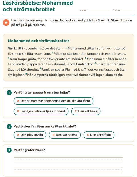 Förhandsvisning av Läsförståelse-arbetsblad för Årskurs 2