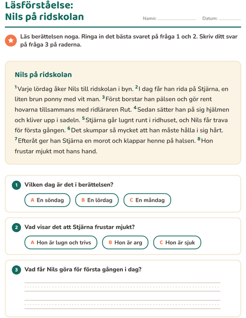 Förhandsvisning av Läsförståelse-arbetsblad för Årskurs 2